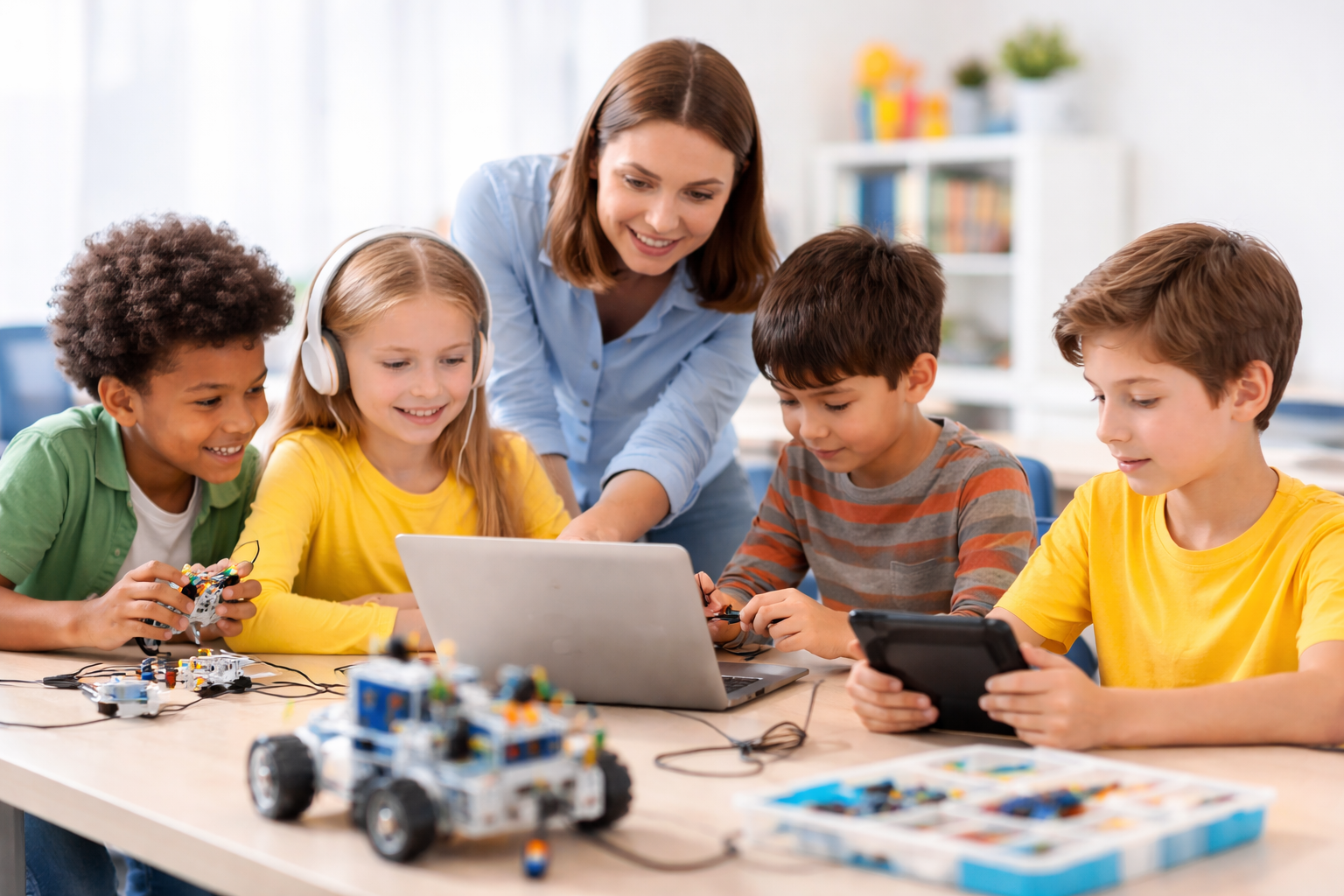 Small group coding and robotics class with instructor helping students at Curious Genius Learning Centre